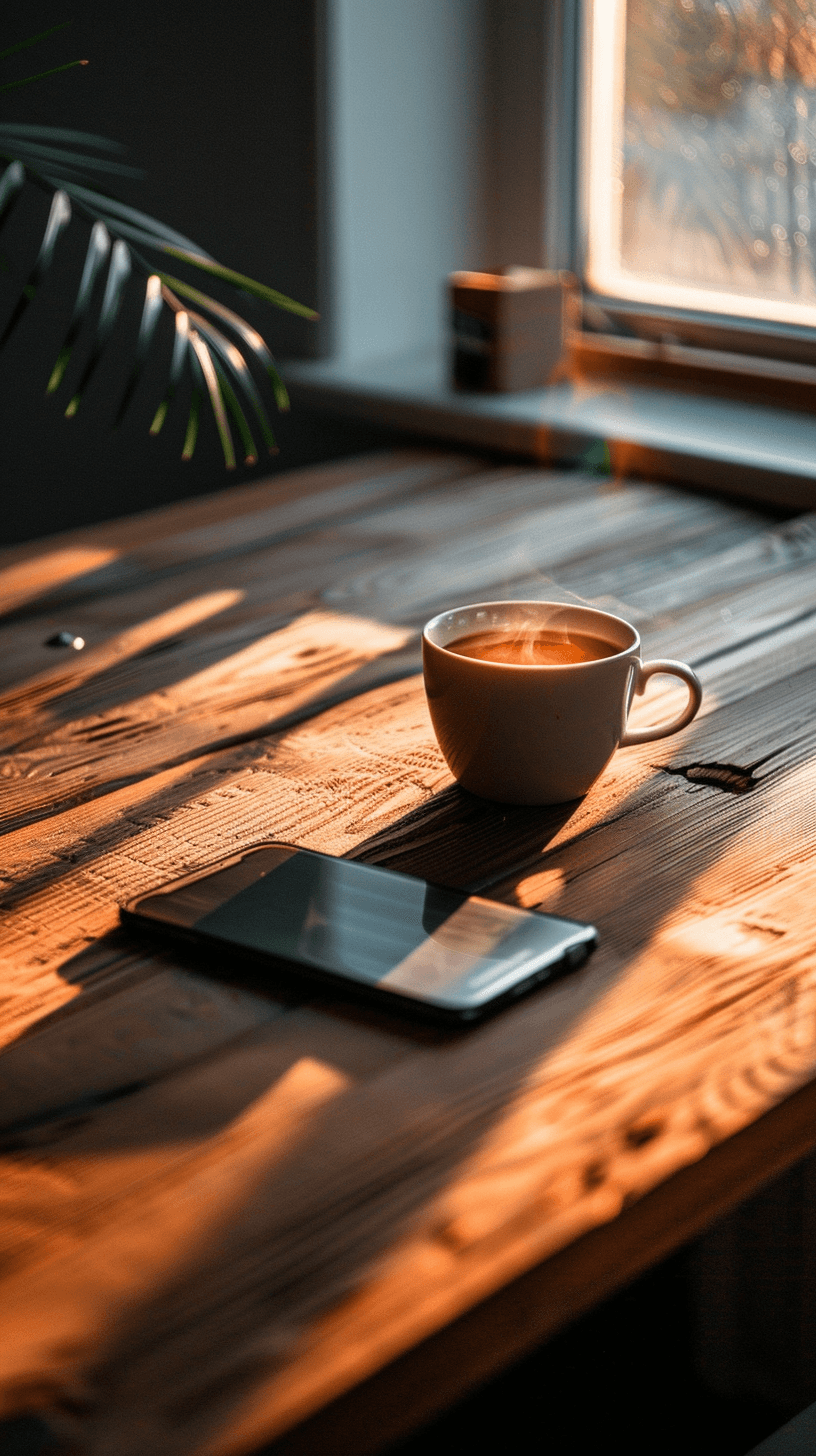 Een telefoon en een kop koffie op een houten tafel in warm ochtendlicht